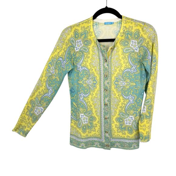 J McLaughlin Button up Cardigan size XS Bright Yellow Paisley - Picture 1 of 11